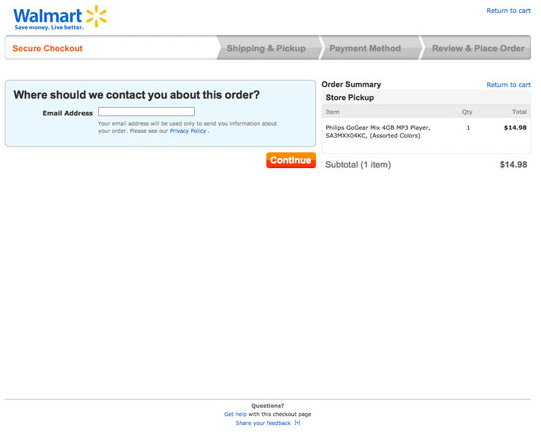 Walmart isolated checkout page
